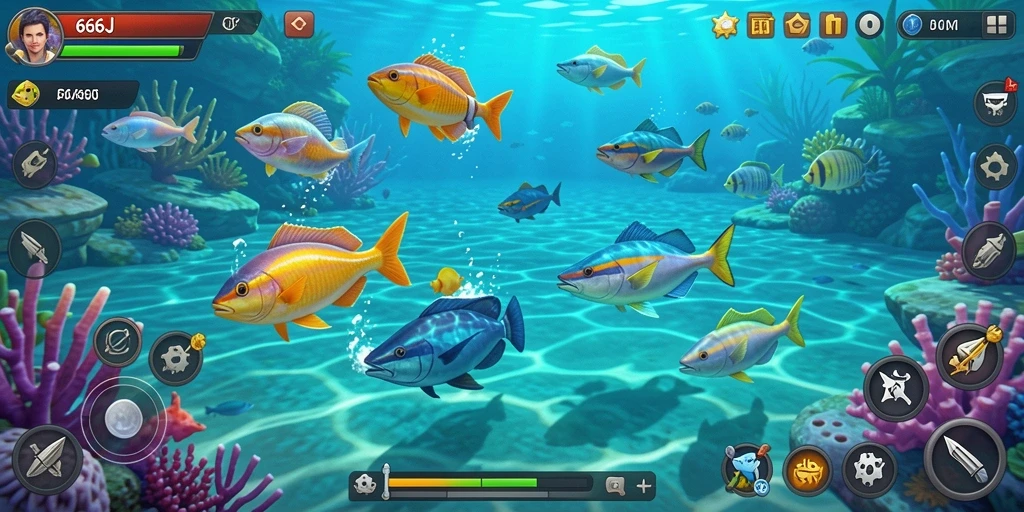 Tampilan gameplay menarik dari 666J saat menembak ikan.