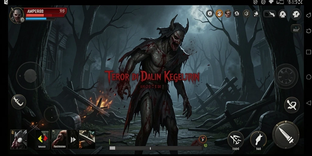 Tangkapan layar menyeramkan dari gameplay AMPER88 yang menampilkan situasi mencekam.