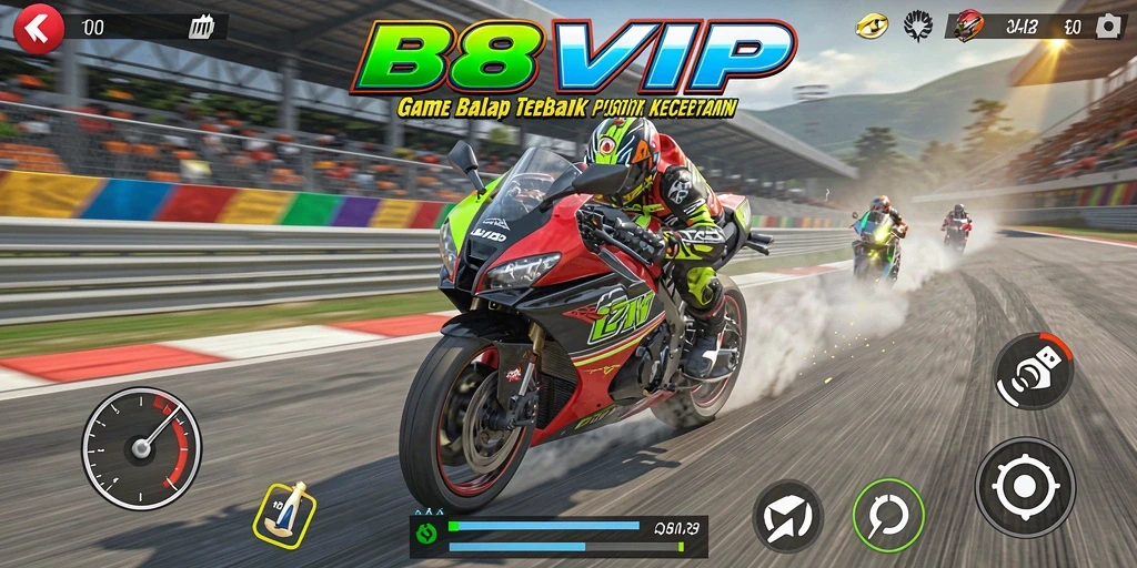 Tampilan gameplay menegangkan dari B8VIP dengan motor balap yang cepat.