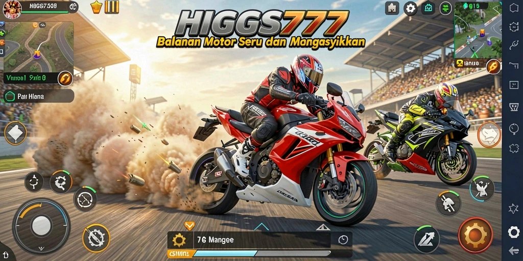 Gameplay mendebarkan dalam HIGGS777 dengan balapan motor yang intens.