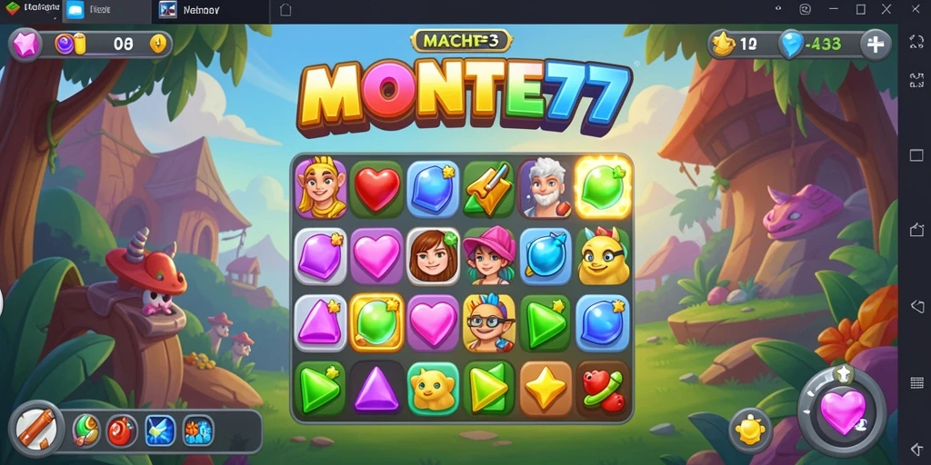 Screenshot utama MONTE77 menampilkan aksi mencocokkan permata yang seru.