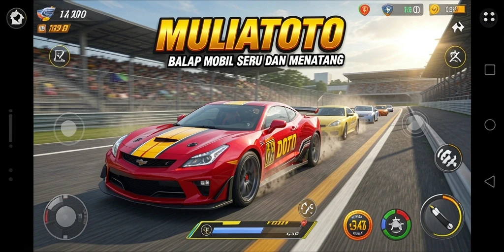 Screenshot gameplay MULIATOTO dengan mobil balap di lintasan.
