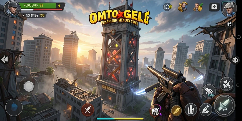 Screenshot OMTOGEL yang menampilkan serangan menara yang spektakuler.