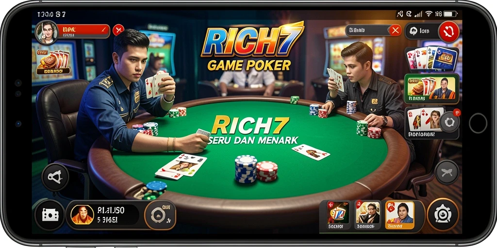 Screenshot gameplay RICH7 menampilkan pemain yang intens dalam permainan poker.