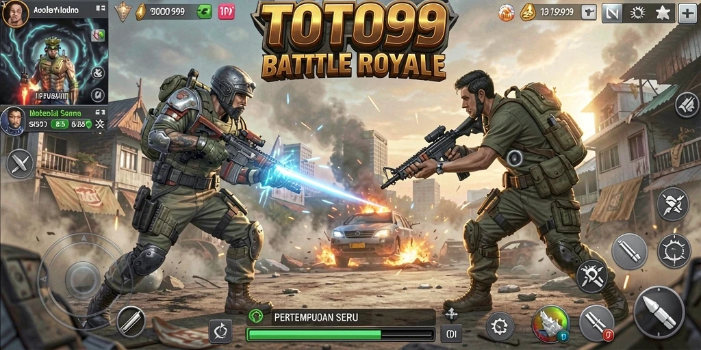 Screenshot TOTO99 menampilkan aksi menegangkan di medan pertempuran Battle Royale.