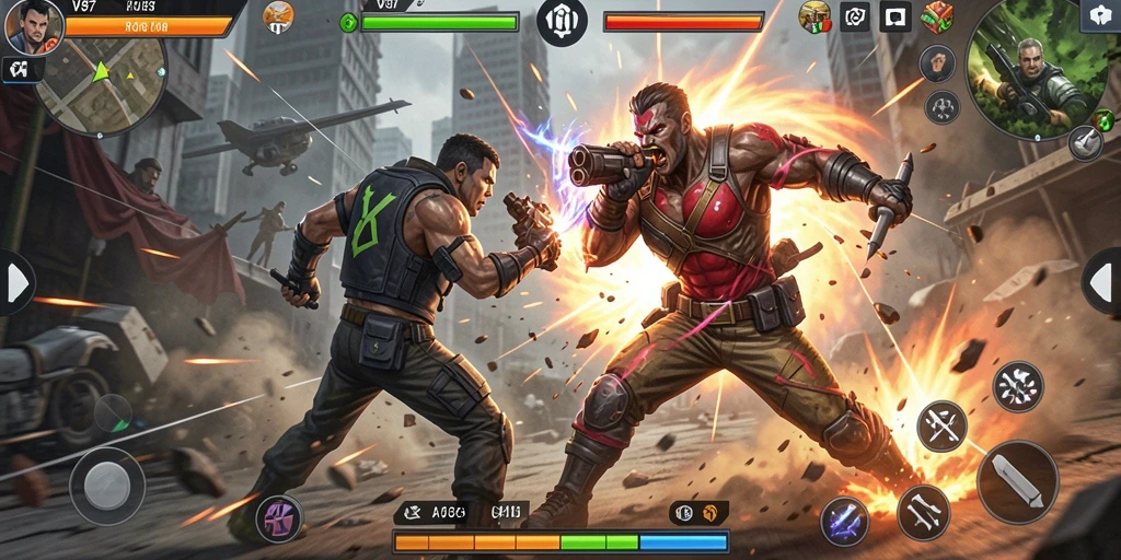 Screenshot V87 menampilkan pertarungan mendebarkan dengan aksi intens.