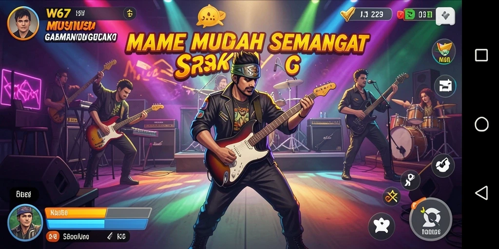 Screenshot gameplay W67 menampilkan pemain yang menikmati berbagai lagu.